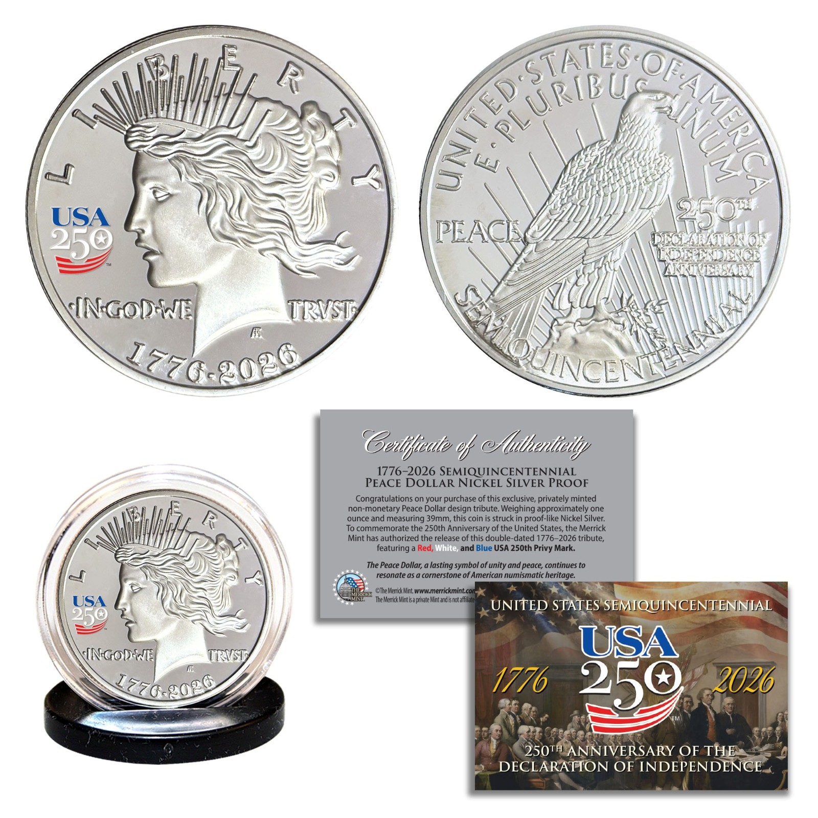 America 250th Anniversary Peace Dollar Nickel Silver Proof Privy Coin