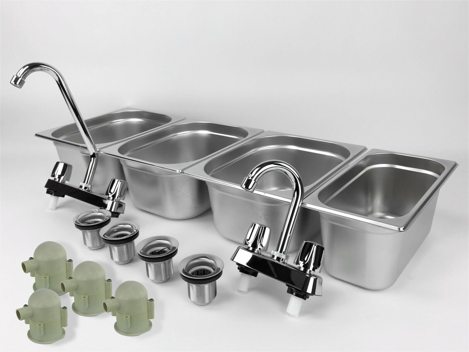 Concession Sink 4 Compartment Food Truck 3L+1S Handwash Faucets Drain Traps