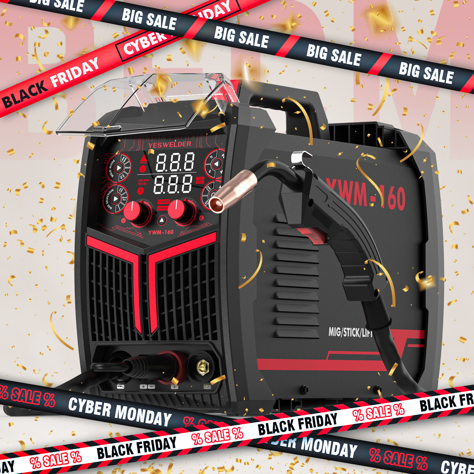 Gas/Gasless MIG Welder, Synergic Control 110/220V 160Amp Welding machine