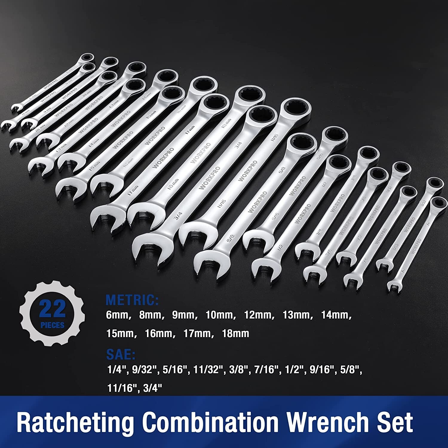 WORKPRO 22-Piece Ratcheting Combination Wrench Set 72 Teeth CR-V Metric & SAE