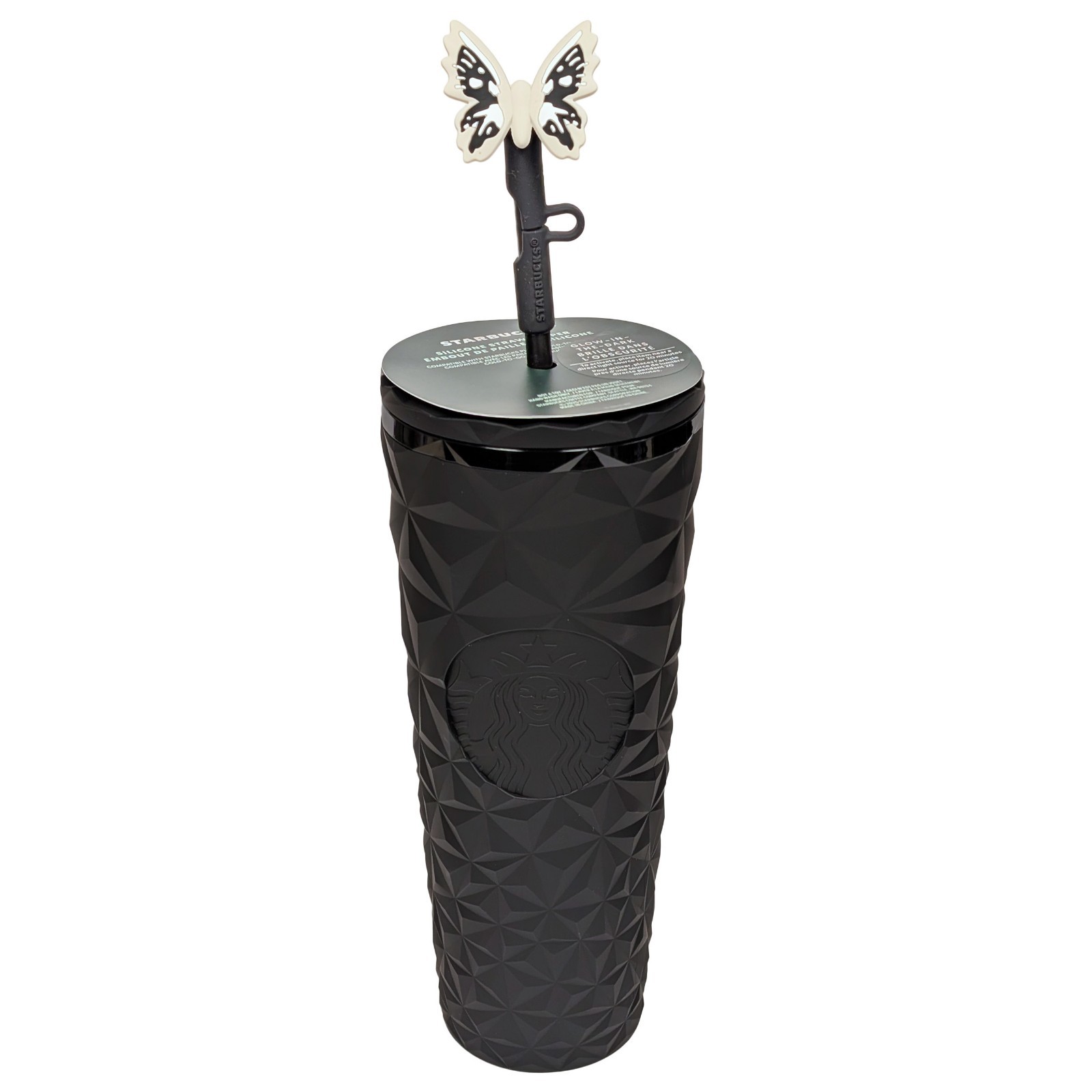 Starbucks Tumbler Glow-In-The-Dark Butterfly Topper Black Beveled Cup 2025, 24oz