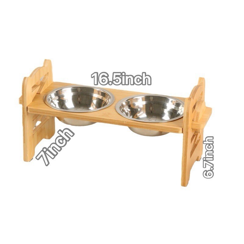 Elevated Bamboo Dog Bowls Stand Adjustable Double Stainless Steel Pet Feeder”