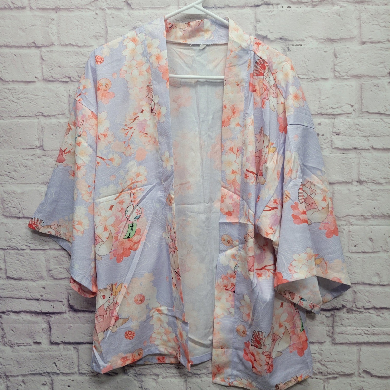 Japanese Kimono Blouse Womens XL+ Pastel Cat with Fan Floral Asian Lightweight