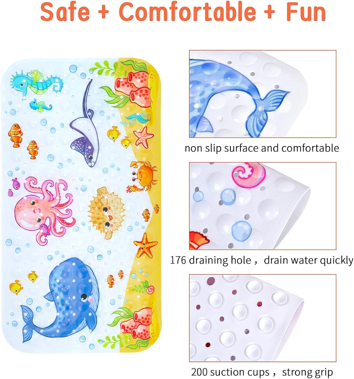 Kids Bath Mat for Tub Non Slip, 27.5In X 15In Large Cartoon anti Slip Toddler Ba