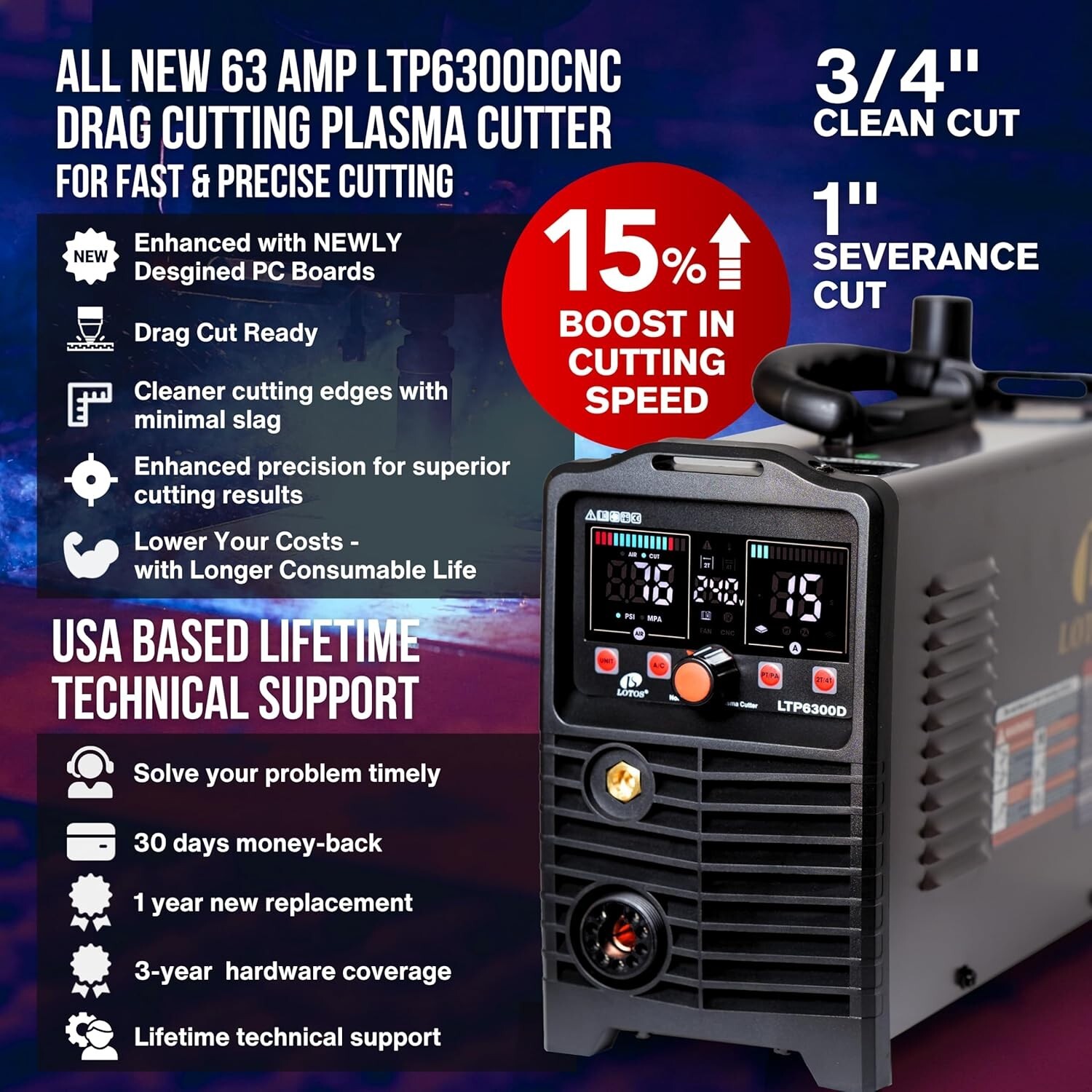 LOTOS LTP6300D-CNC 63A Drag Cut Plasma Cutter Non-Touch Dual Voltage 110/220V