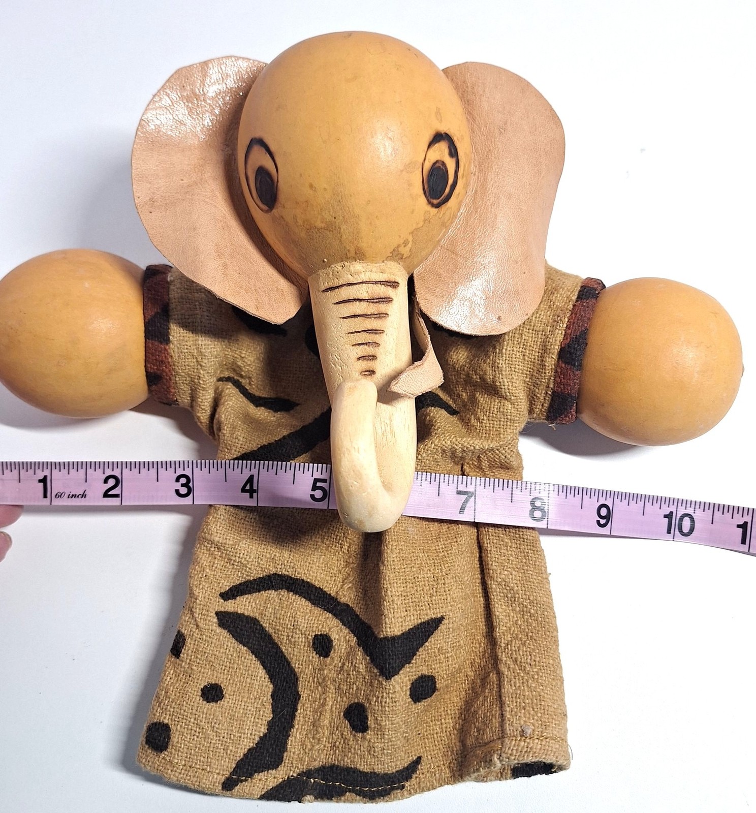 African Elephant Gourd Puppet Leather Handmade Ears Tusks Tribal Fabric READ