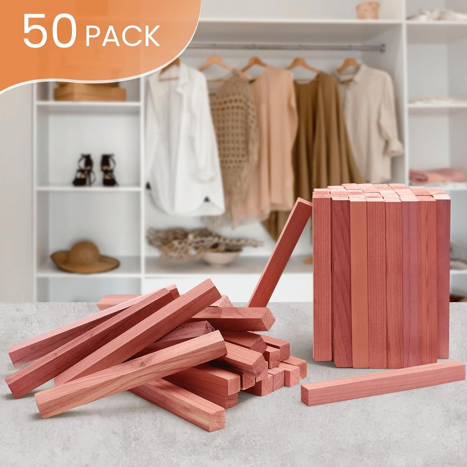 Homode Cedar Blocks for Clothes Storage, 50Pcs Cedar Sticks, Aromatic Red Cedar