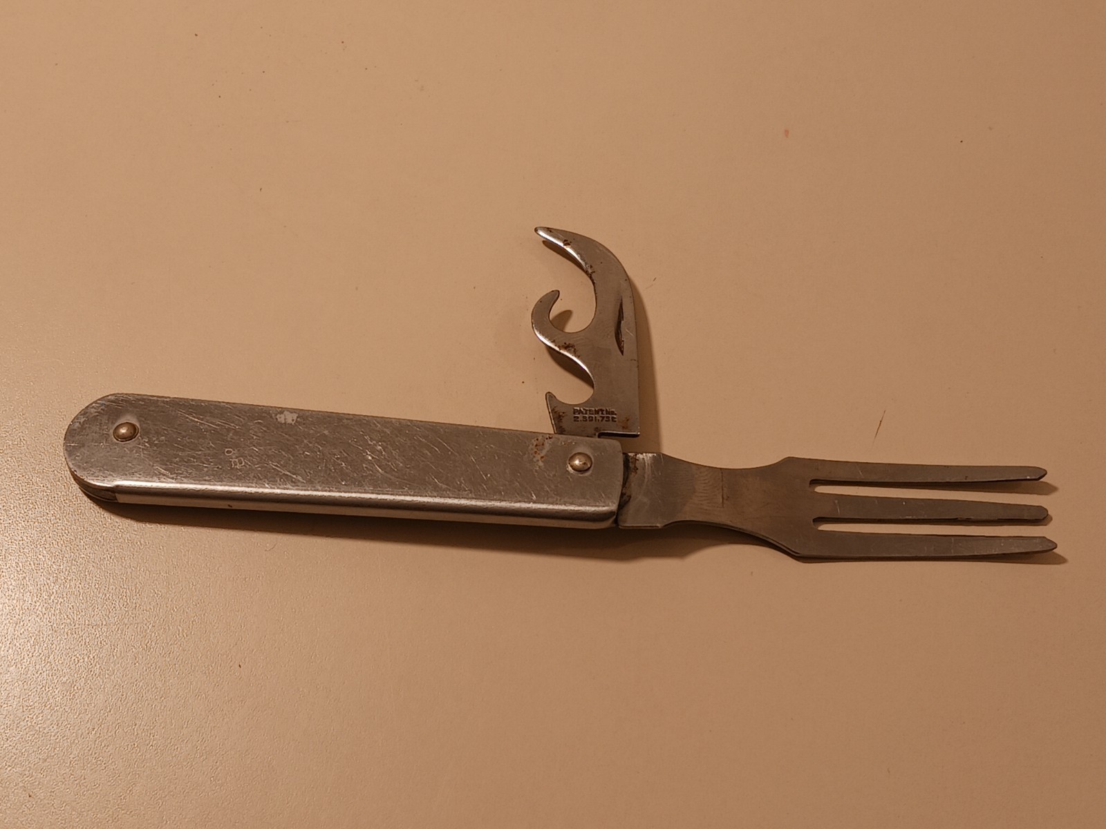 Vintage Imperial USA Folding Fork Can Opener Tool 1945 Patent 2391732 Mess Kit