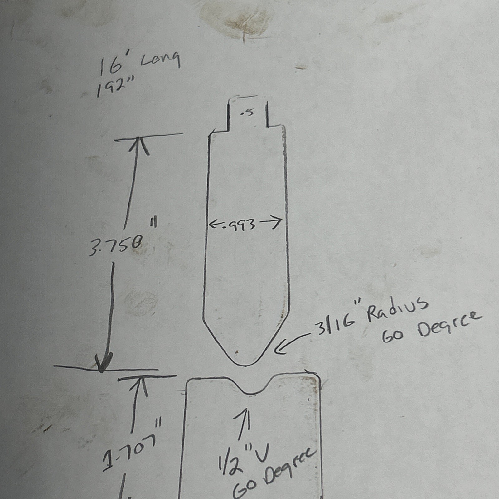 4’-16’Set Of 60 Degree Air Forming Brake Press Punch And Die. 3/16” Radius, 1/2”
