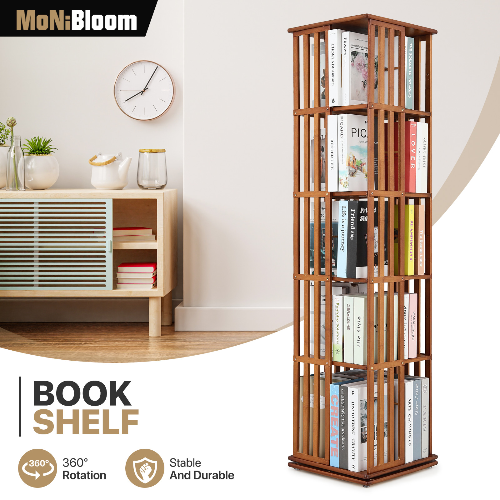 5 Tiers Brown Bamboo Rotating Bookshelf Open Shelving Storage Rack Freestanding