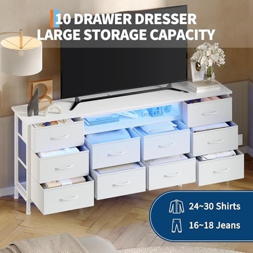 63 Inch 10-Drawer Dresser with LED Lights & Power Outlets, Wide Fabric White