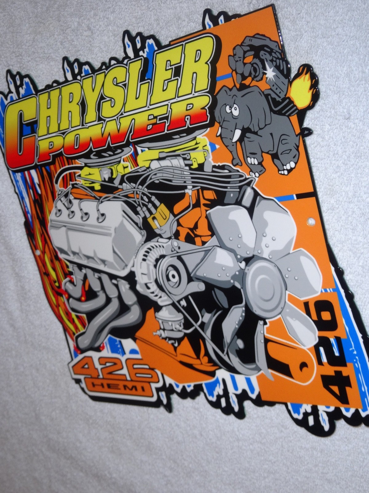 VINTAGE "CHRYSLER POWER 426 HEMI MOTOR ELEPHANT" 11 3/4" METAL GASOLINE OIL SIGN