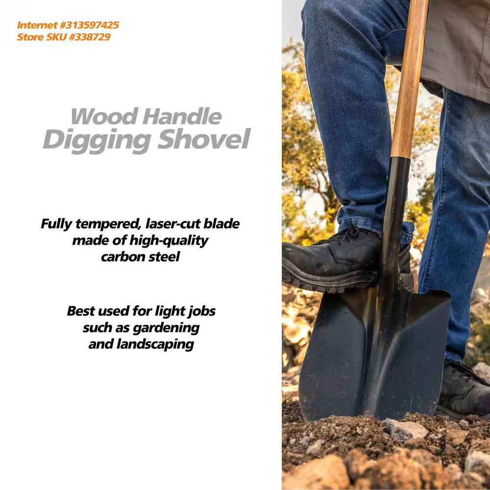 43.3 In. Wood Handle Carbon Steel Digging Shovel Tool, New
