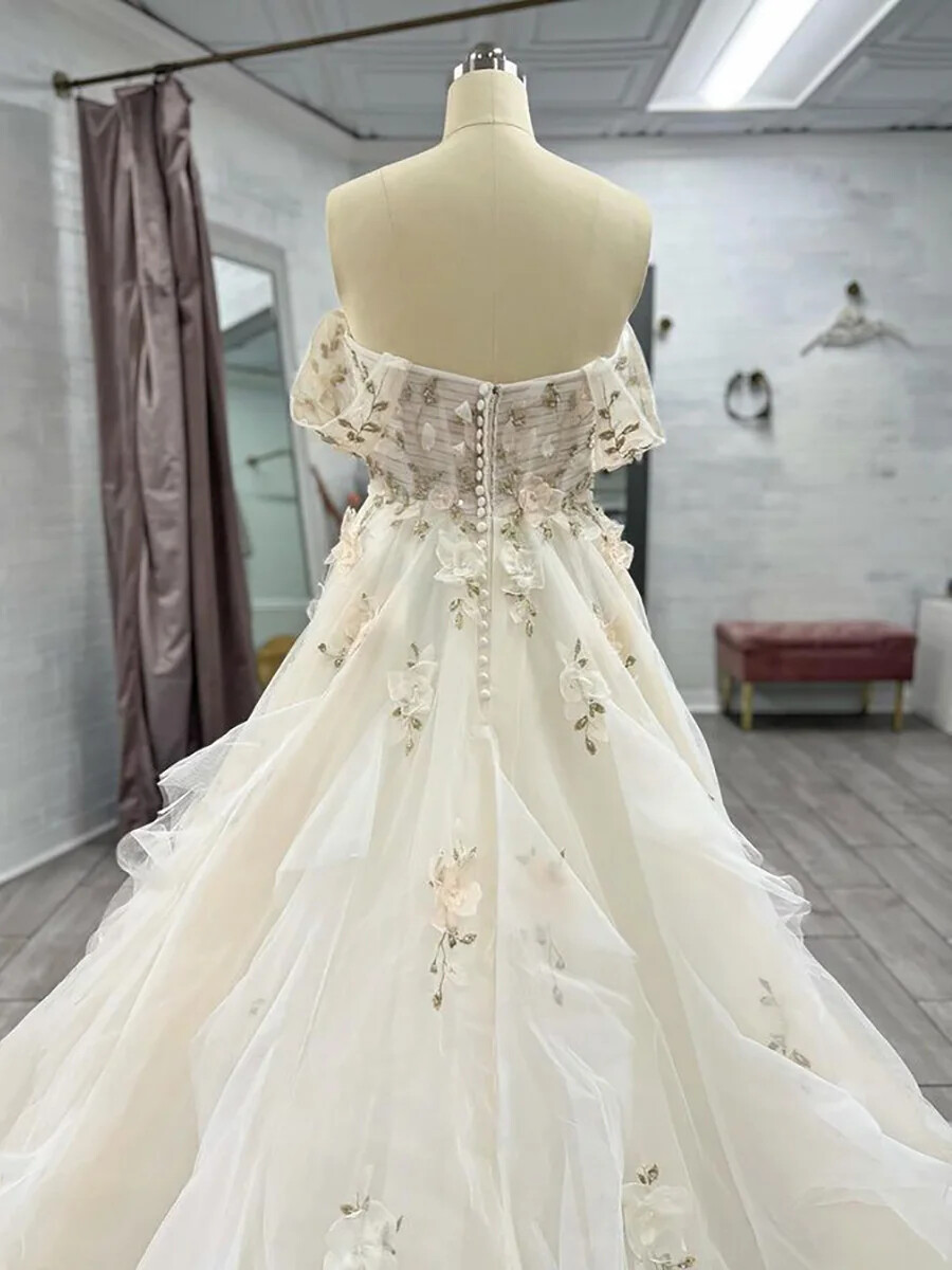 3D Flowers Applique Lace A-Line Wedding Dresses Off Shoulder Ruffles Bridal Gown