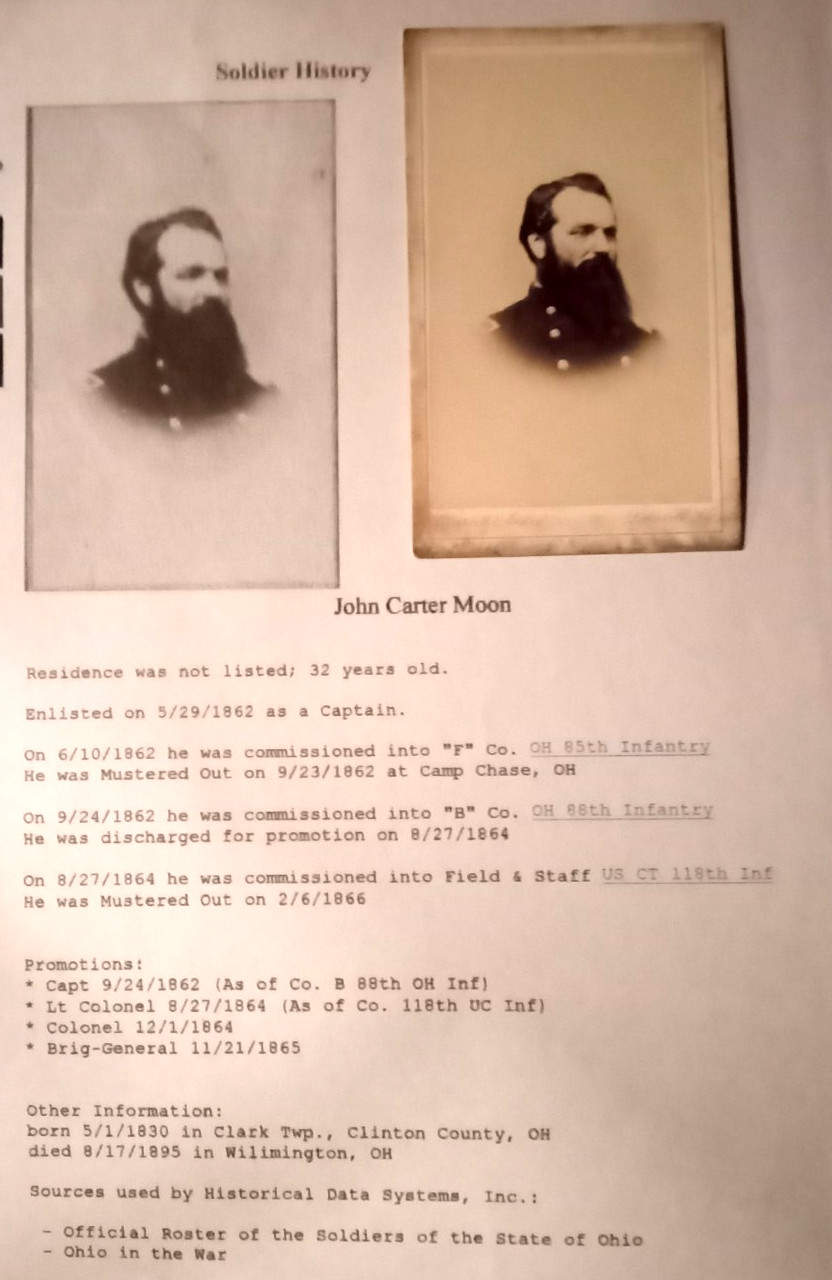ORIGINAL ID'D CIVIL WAR CDV OF COLONEL JOHN CARTER MOON 85TH OHIO 118 US CT
