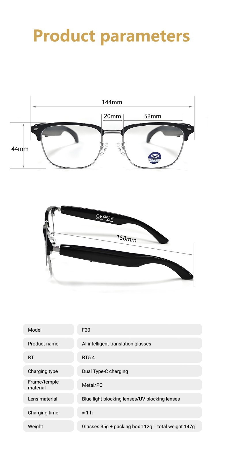 AI Smart Glasses Bluetooth Call Audio Translation for Men and Women Work Glasses