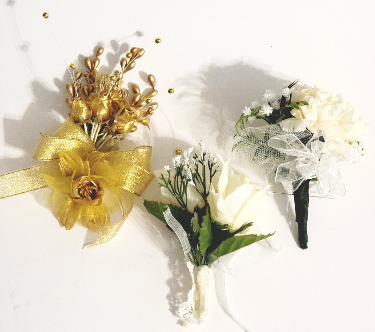Set of 3 White or Gold Boutonniere For Wedding Prom, Artificial Flowers