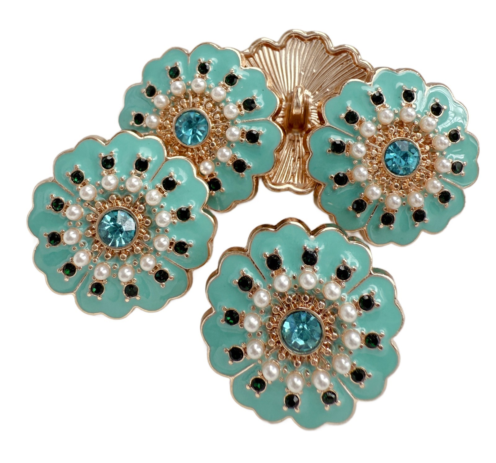 5PC Enamel Teal Green Flower Luxury Gold Metal Shank Buttons 25mm 1 Inch