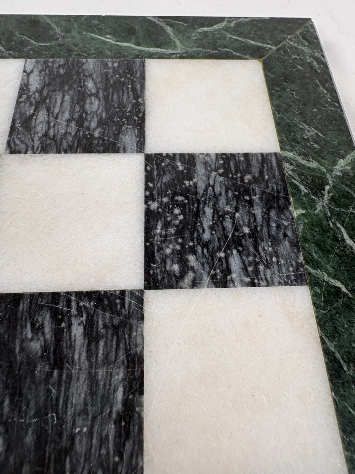 Marble Chess Board Black White With Green Border Stone 15 Inch Vintage Used