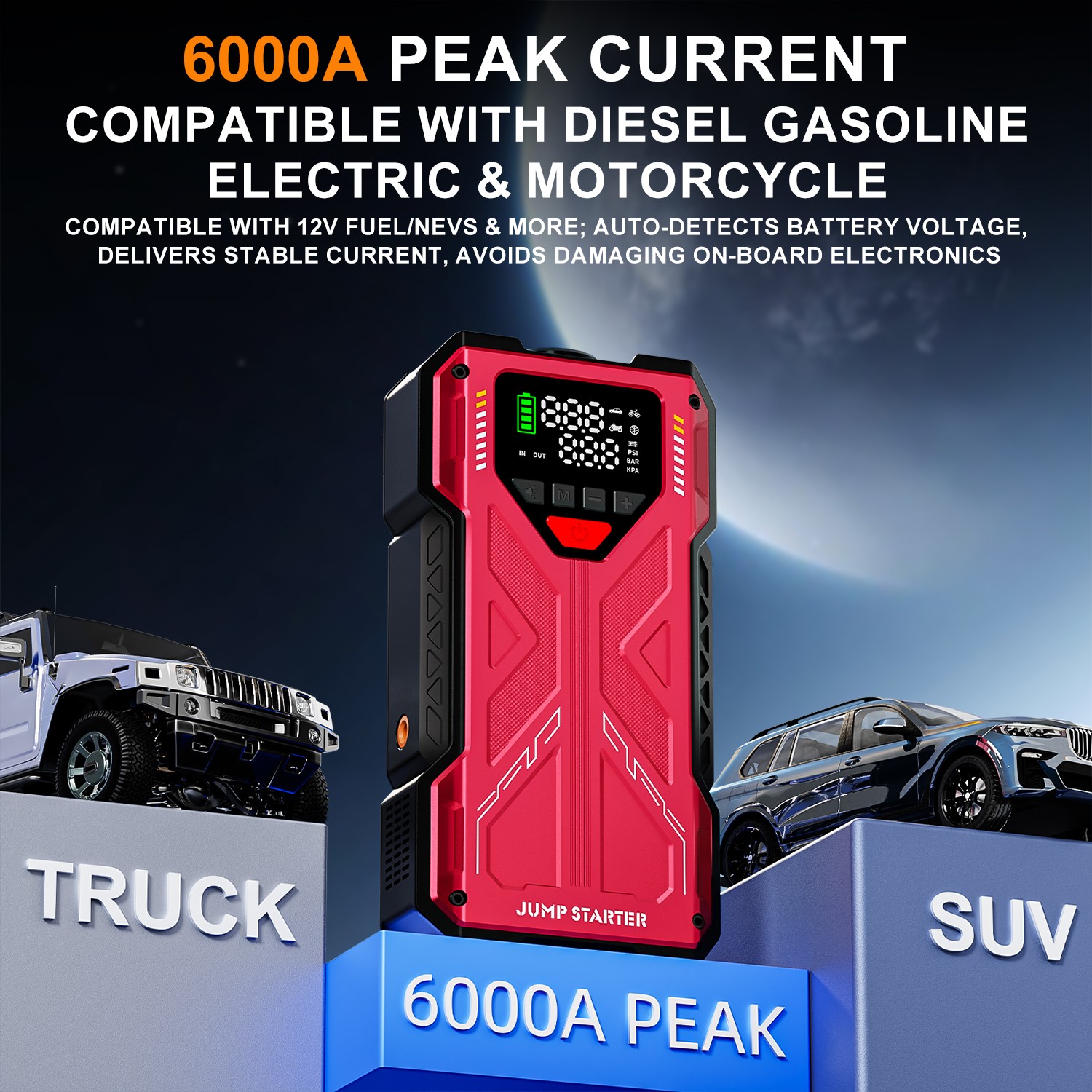6000A Car Jump Starter with Air Compressor Combo Portable Jump Box Bank Battery