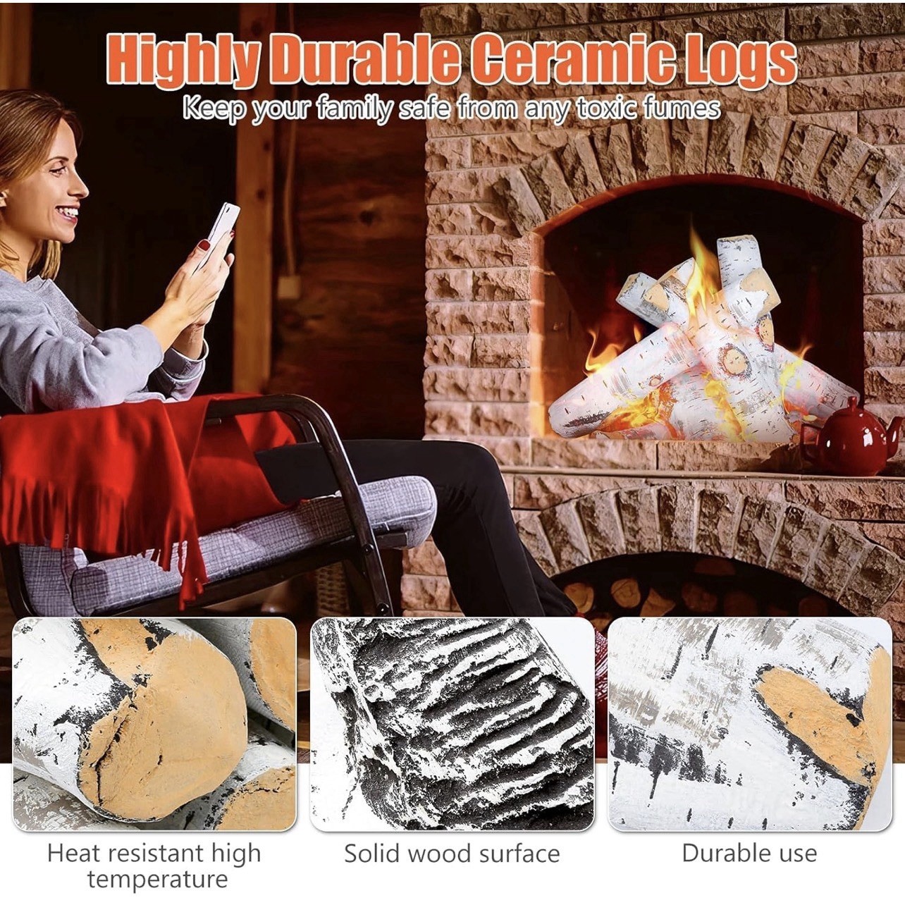 QuliMetal White Birch Ceramic Gas Fireplace & Fire pits Logs In/outdoors 6pcs