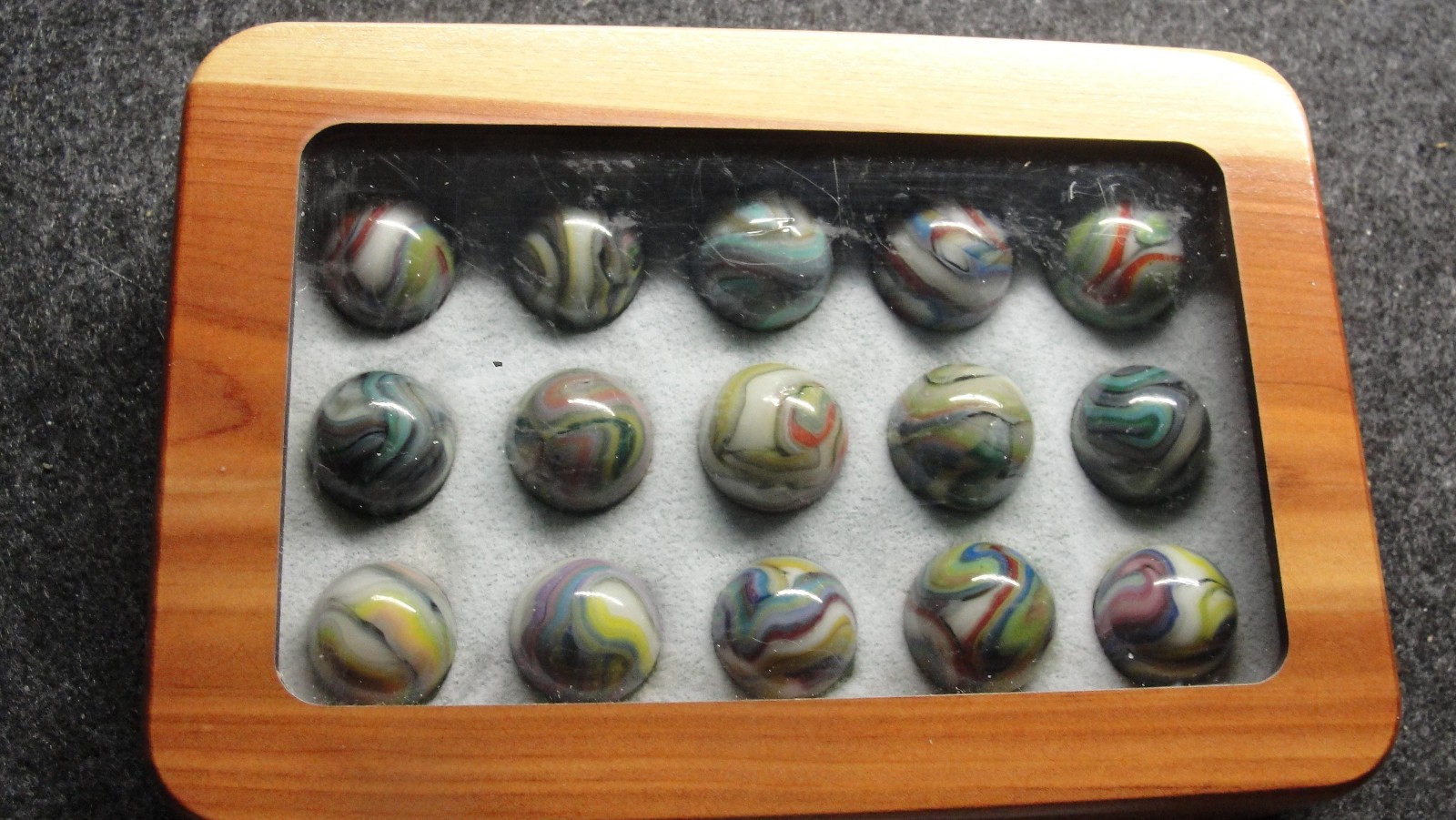 Wood box w Dave McCullough signature marbles Jabo Joker Experimentals w/ 2 dz UV