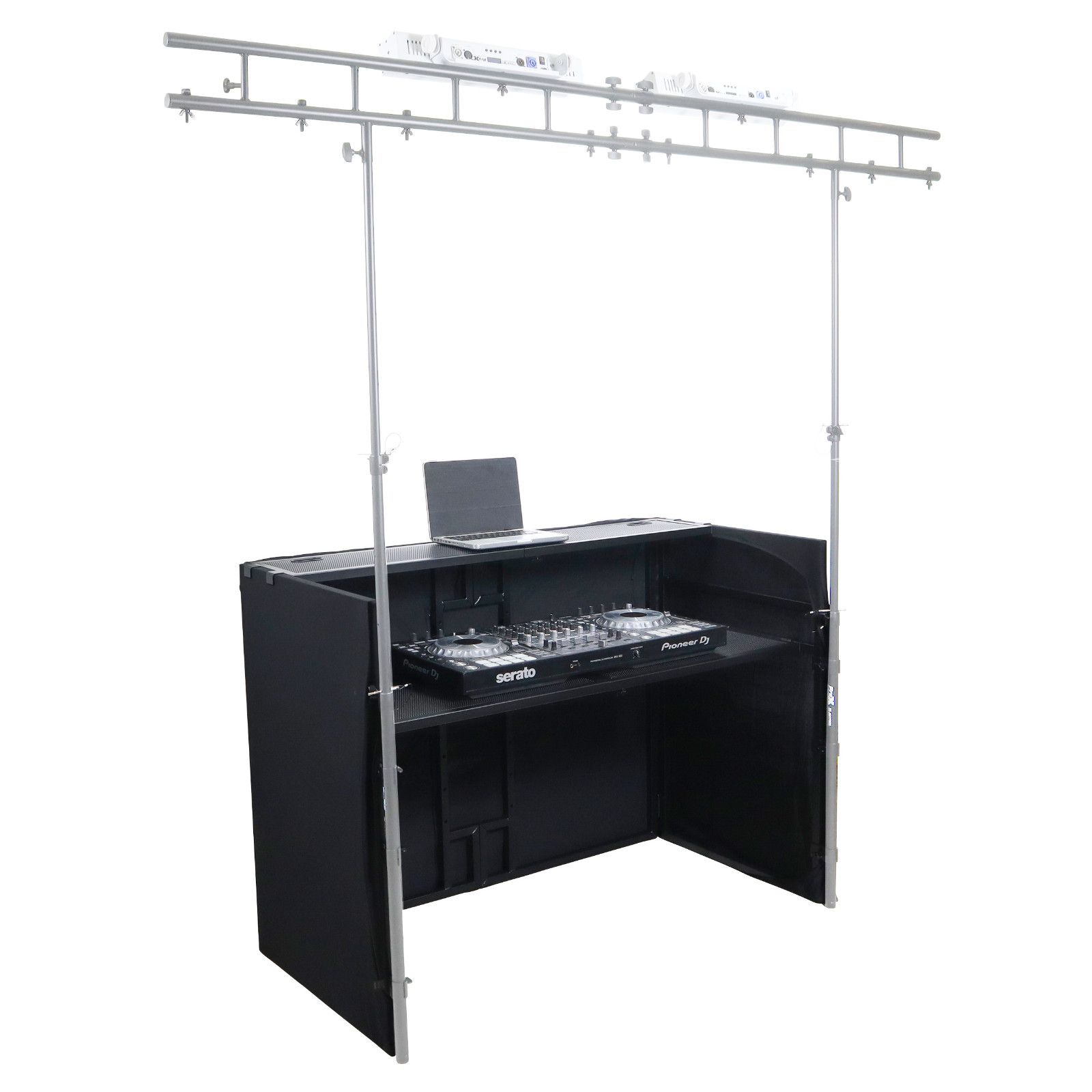 ProX XF-MESA MEDIA Portable DJ Facade Table Station with TV Mount, Scrims & Bag