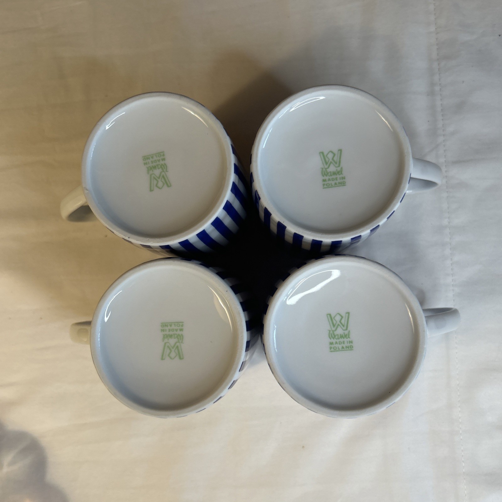 Set of 4 Wawel Made In Poland Porcelain Mug Cup Coffee Tea Stripes Blue White