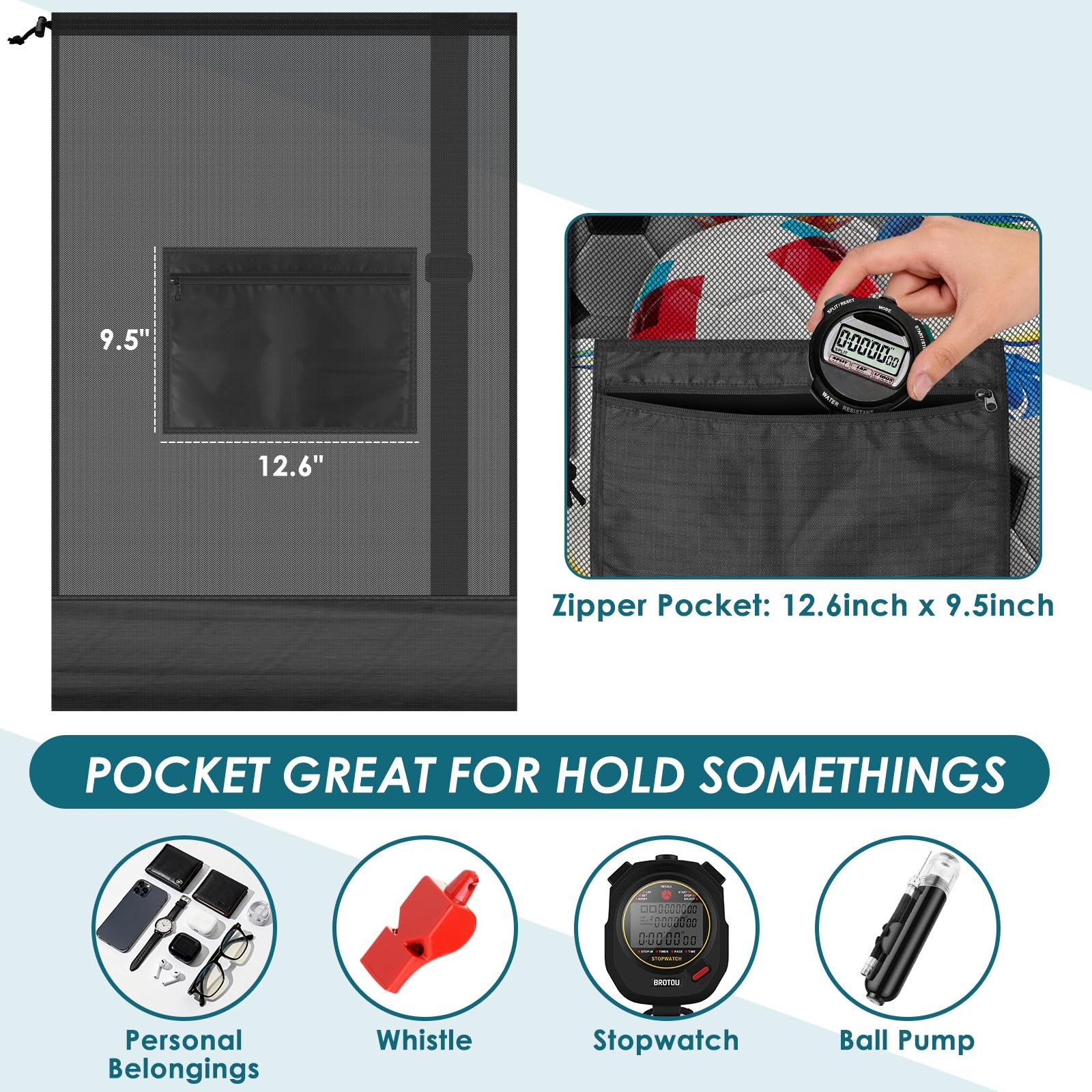 Heavy Duty Soccer Ball Net Bag Drawstring Mesh Ball Bag with Zipper Pocket, S...