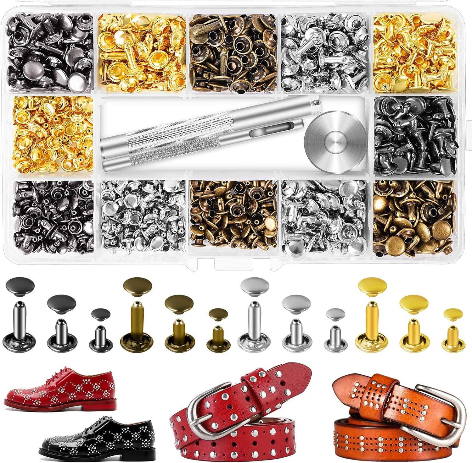 240 Sets Leather Rivets Kit, Double Cap Brass Rivets Leather Studs with 3PCS Set