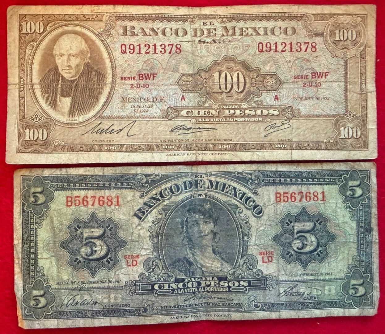 LOT of 5 MEXICO BANKNOTES SERIES 5 50 100 1000 PESOS Billete BDM ABNC 5 Amigos 1