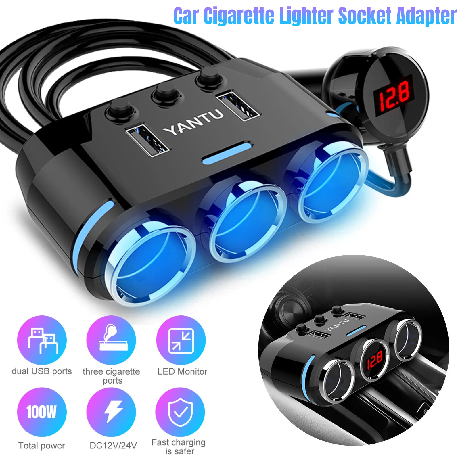 3 Way Multi Car Cigarette Lighter Socket Extension Splitter USB Charger DC 12V