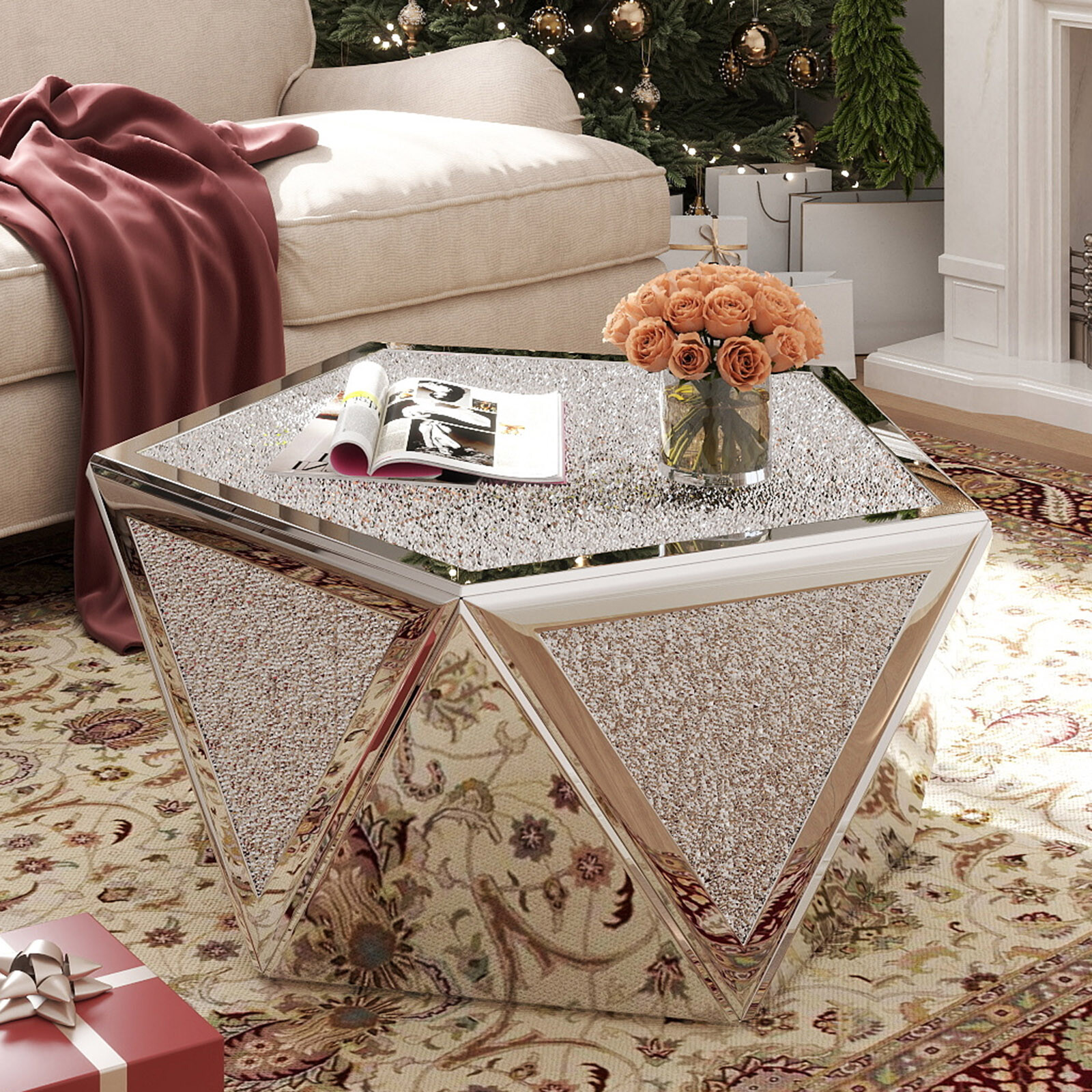 Modern Pentagonal Mirrored Coffee Table Crushed Diamond Luxury Home Living Room
