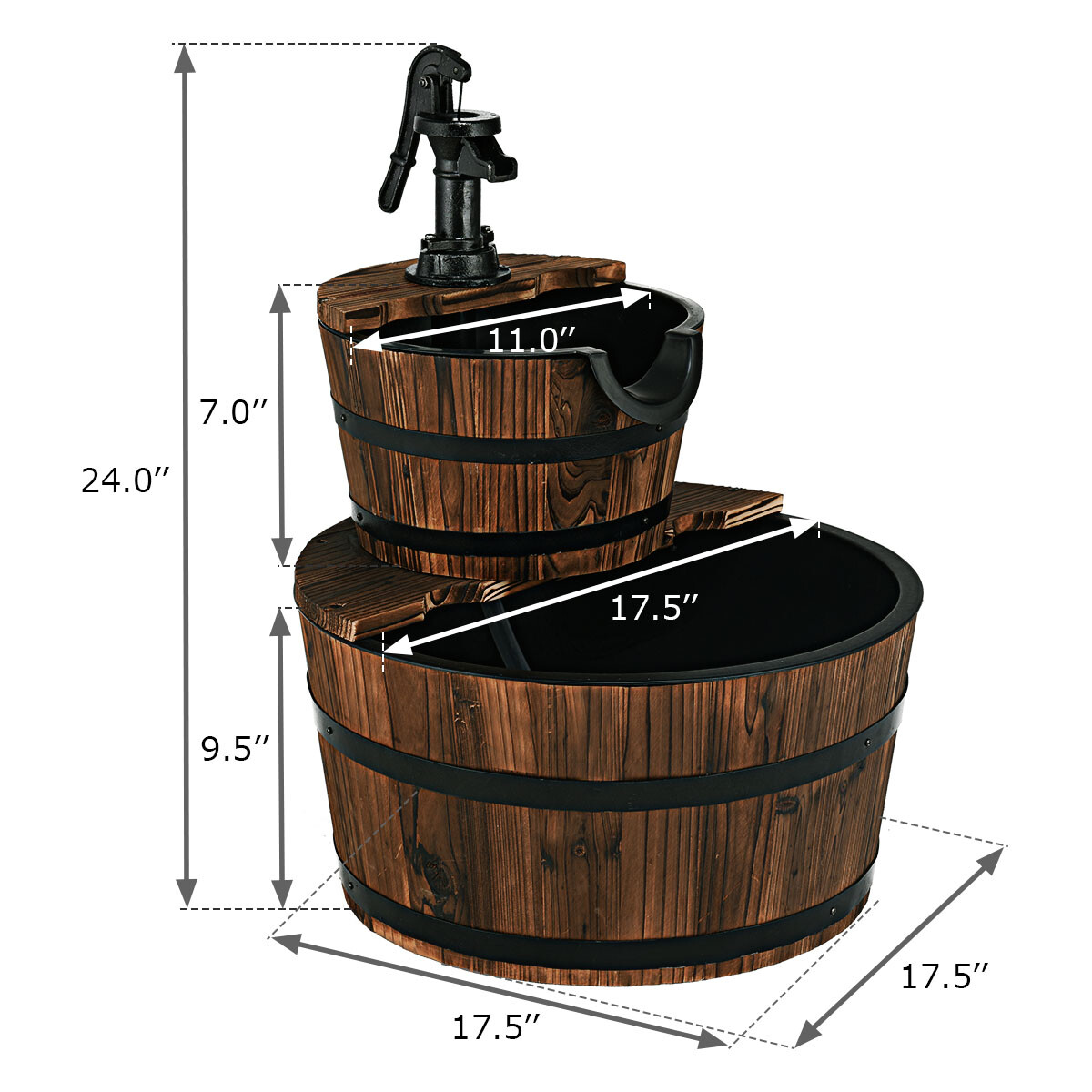 2 Tier Barrel Waterfall Fountain Barrel Wooden Water Fountain Pump Garden Patio