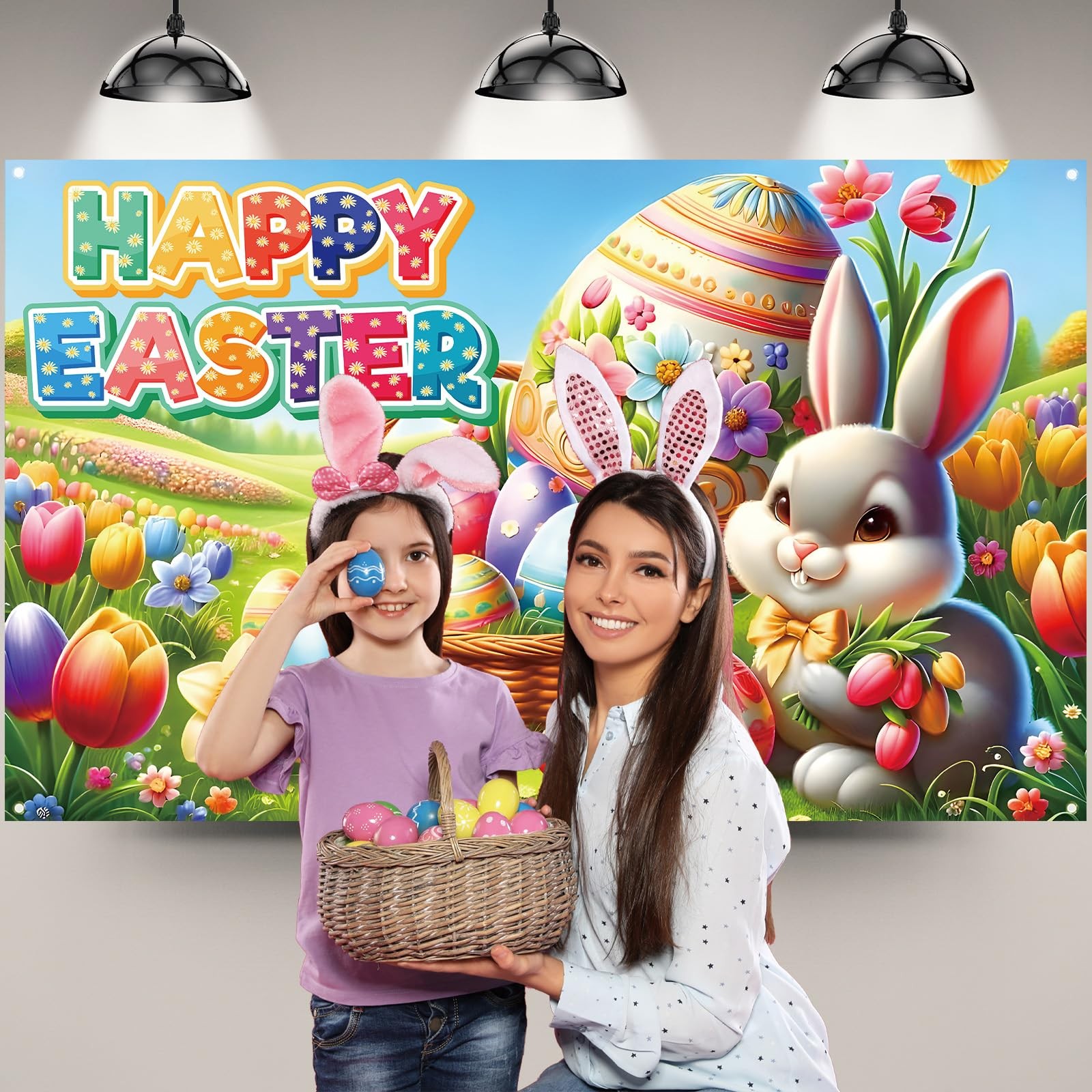 Happy Easter Photo Backdrop Bunny Rabbit 71 inches x 43 inches, Multicolor