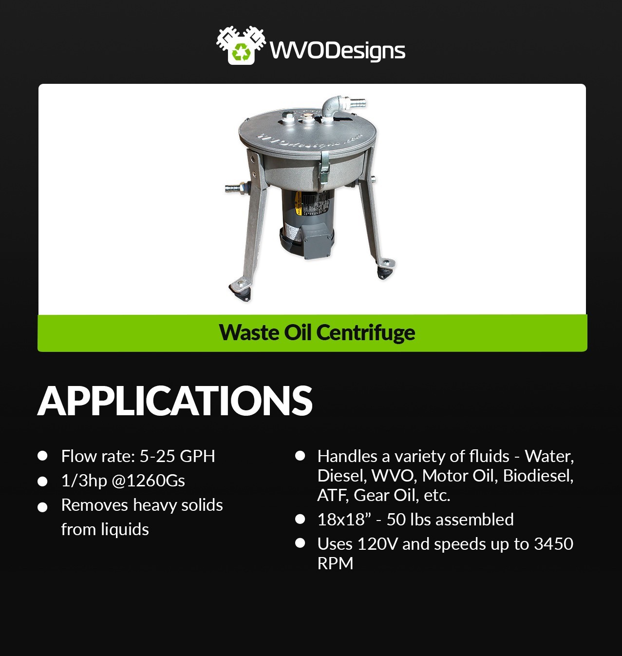WVO Designs Waste Oil Centrifuge, Cleans Waste Vegetable Oils & Other Fluids