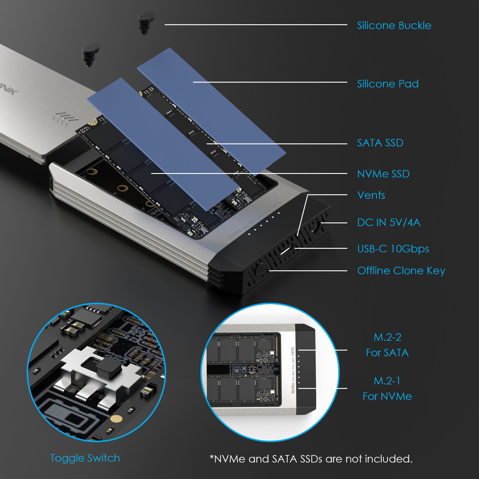 Dual-Bay Offline Clone M.2 SSD NVMe Cloner 10Gbps USB-C Hard Drives Enclosure