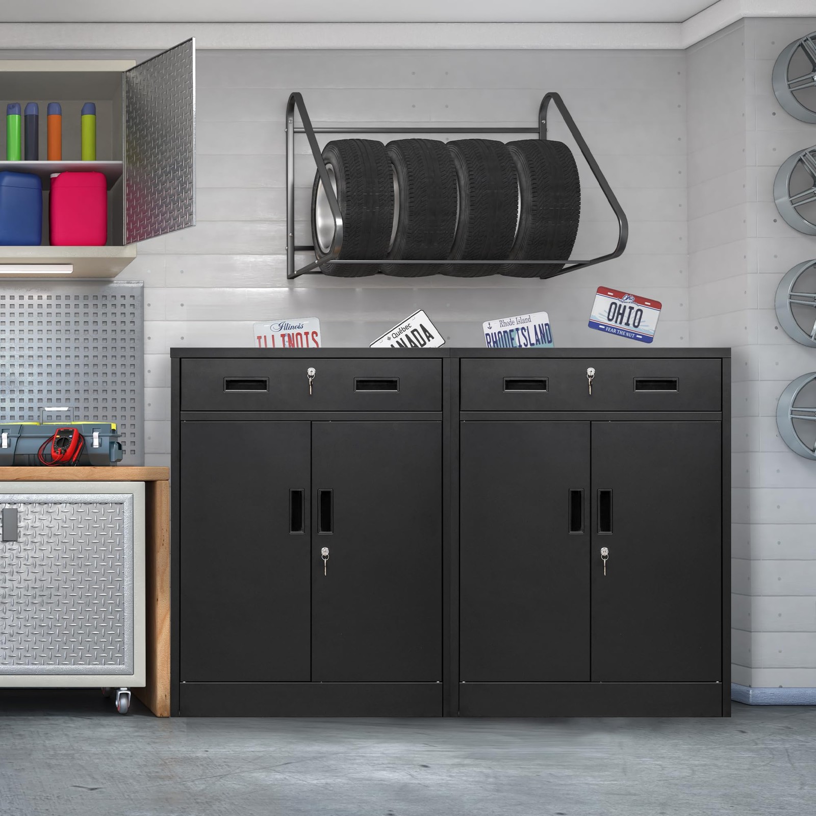 Metal Storage Cabinet, Locking Cabinet with One Drawer and Adjustable Shelf