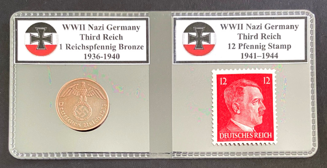 Germany WWII Era Third Reich Nazi Genuine Coin & Stamp Set 1 Reichspfennig