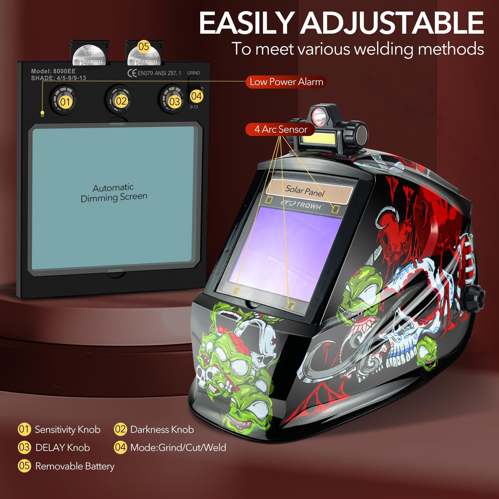 Auto Darkening Welding Helmet, True Color Large View, 4 Arc Sensor, LED Light