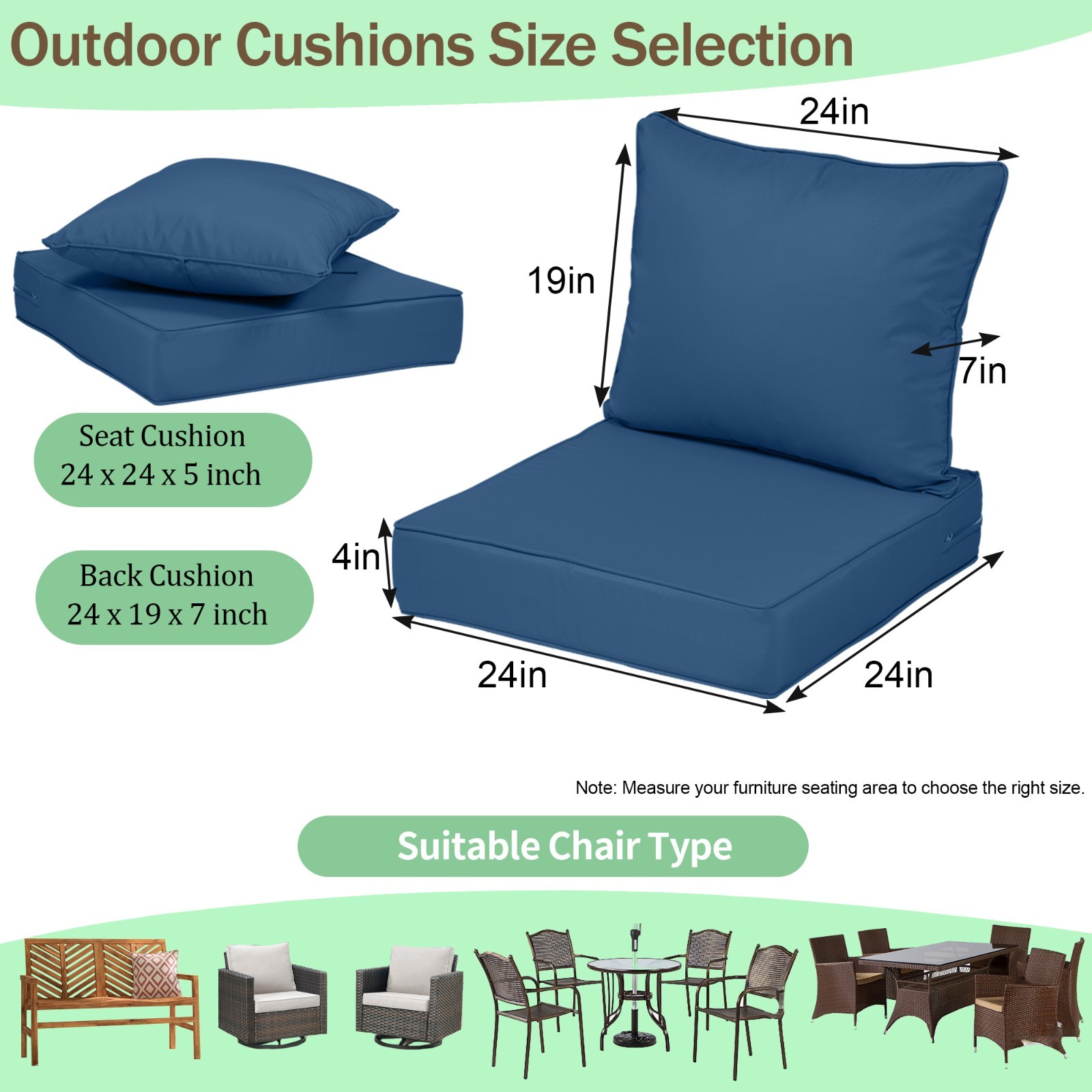 Deep Seat Patio Cushions 24 x 24 Inch Waterproof Outdoor Chair Cushions Set of 3