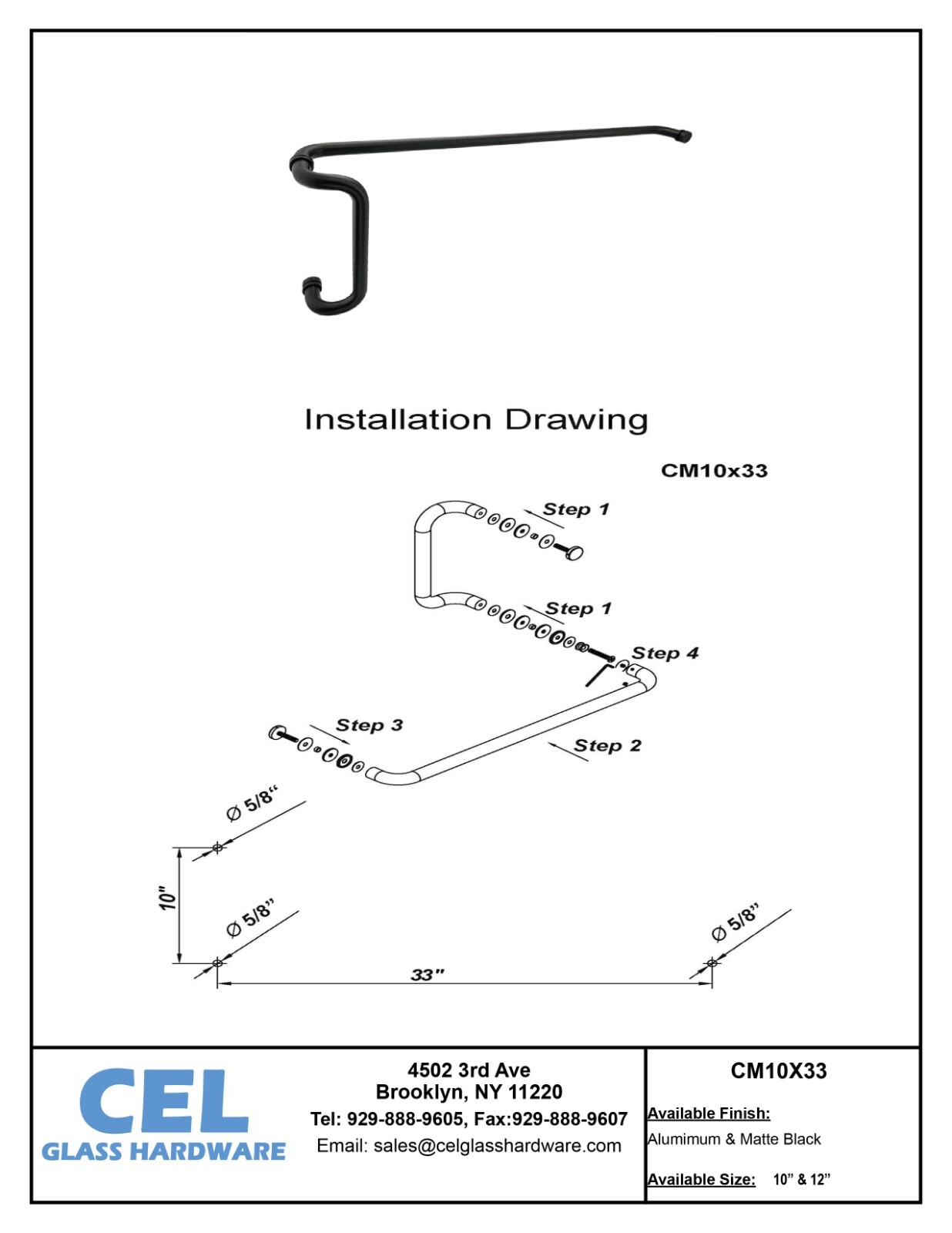 CEL Round Solid Aluminum Storefront Door Pull Handle and Push Bar Set - 10"X33"