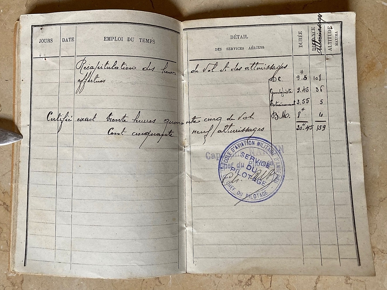 WW1 FRENCH PILOT'S FLIGHT LOG BOOK SIGNED BY (TRAINER OF GUYNEMER) CAPT. NARDIN