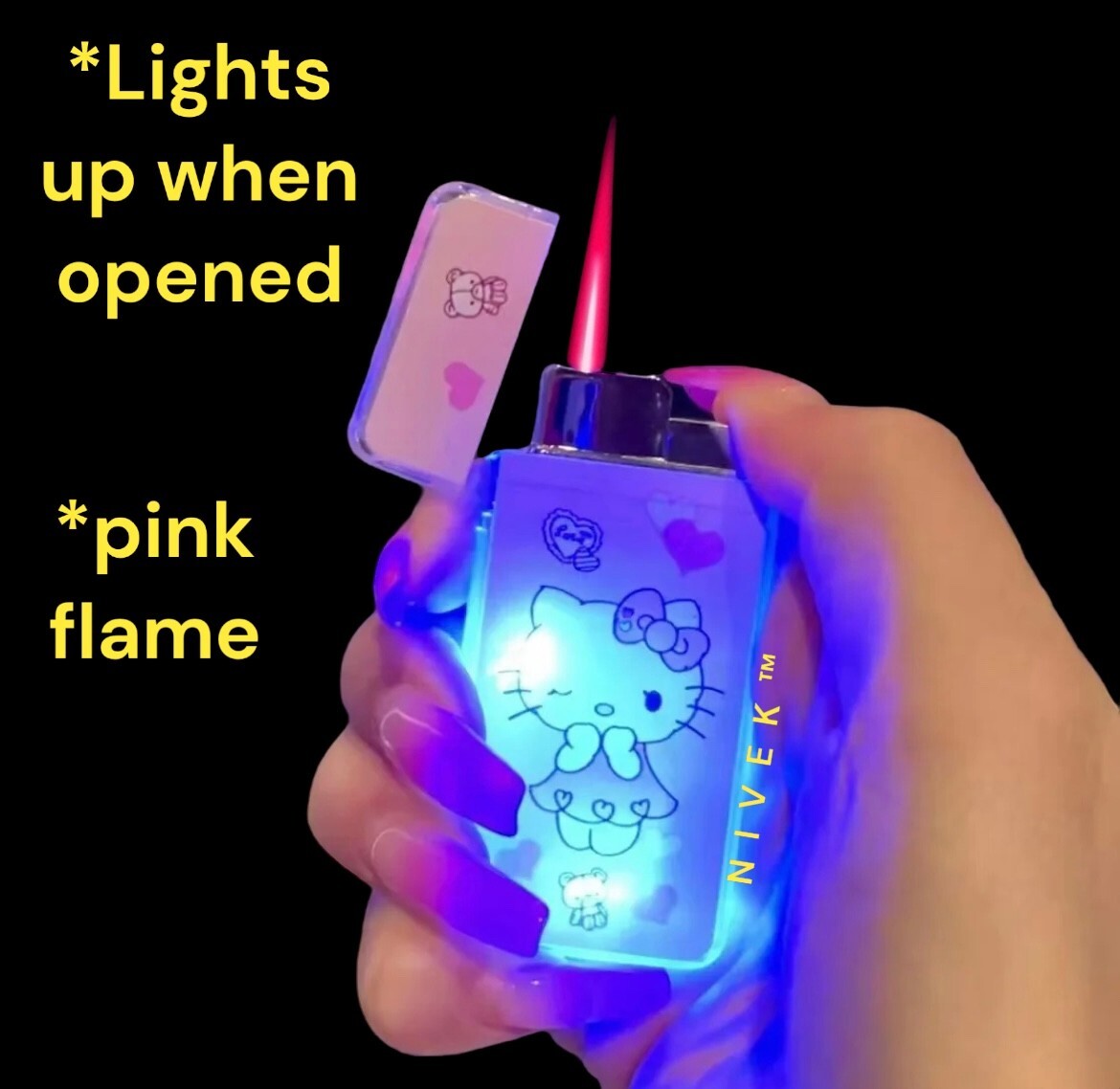 Hello Kitty Cat Lighter With Flashing Light Pink Flame Glow In The Dark