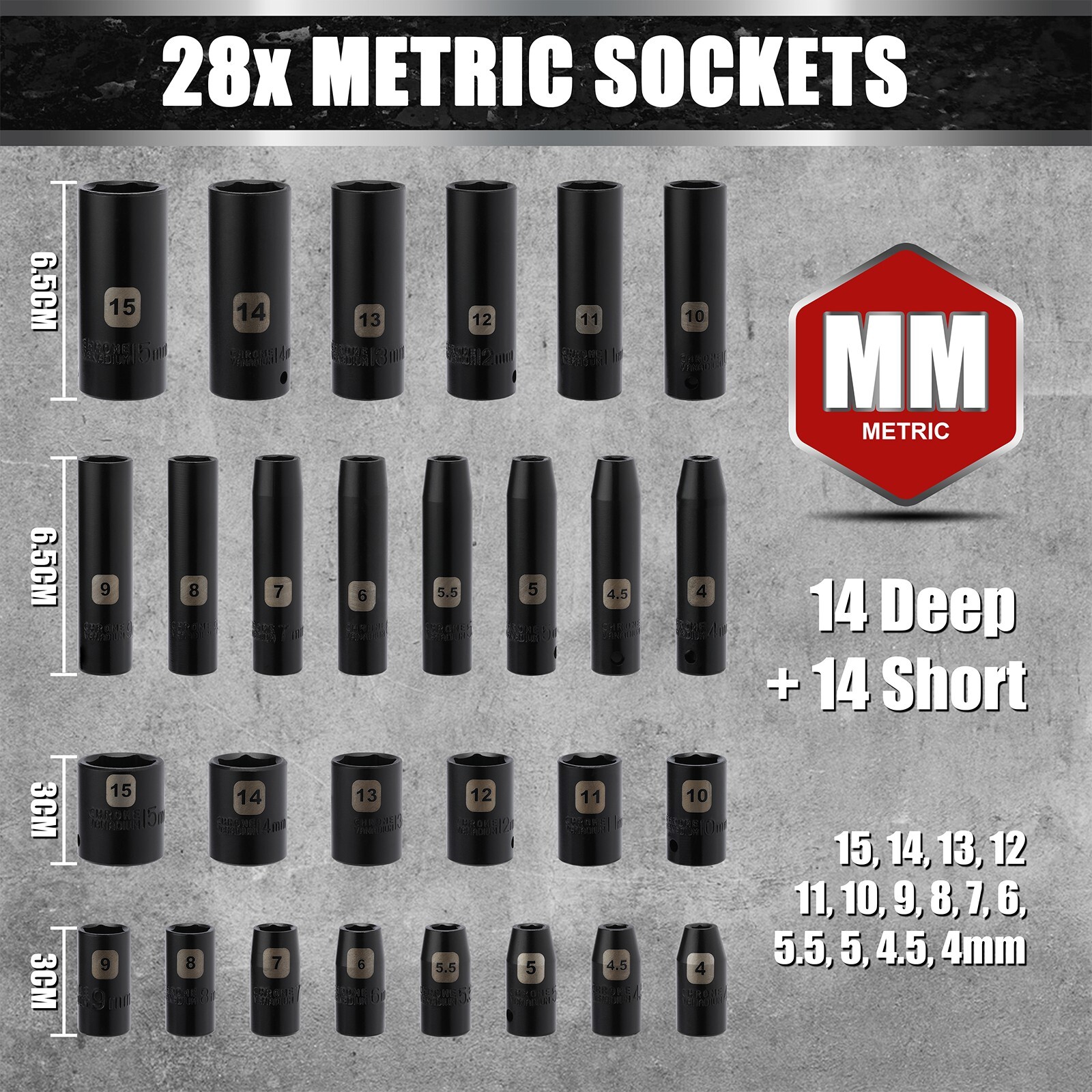 55PCS 1/4" Drive Deep and Shallow Impact Socket Set, CR-V, SAE & Metric, 6 point