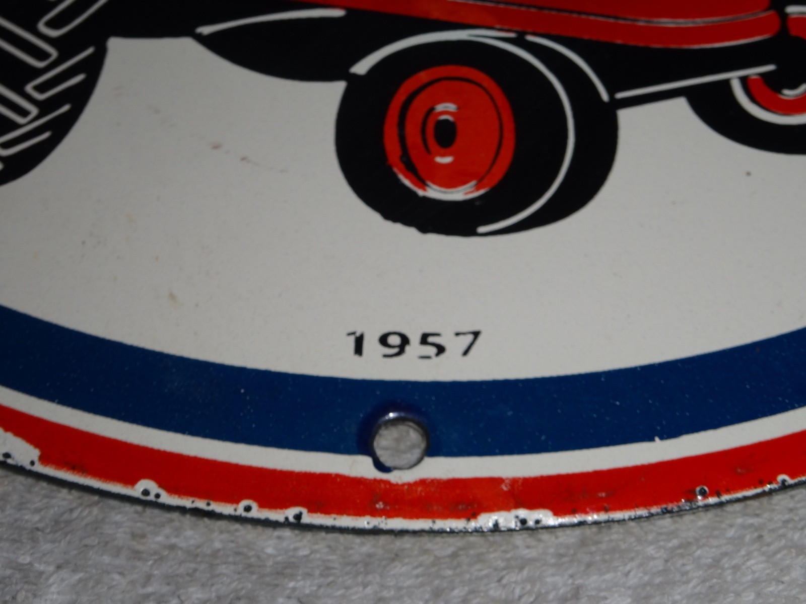 VINTAGE 1957 ESSO FARM OIL DROP BOY GIRL 11 3/4" PORCELAIN TRACTOR GASOLINE SIGN