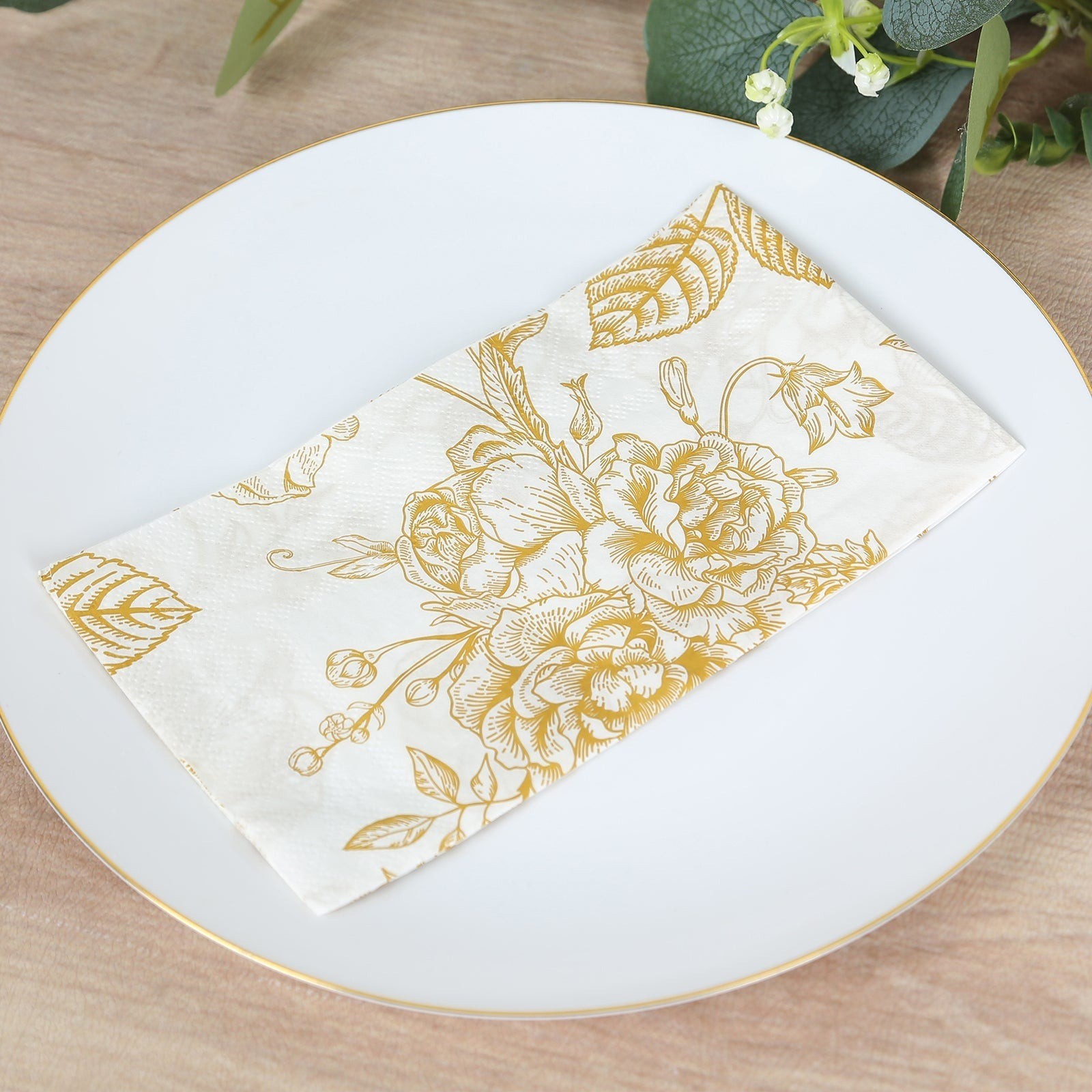 50 White with Gold Paper 2-Ply Dinner Napkins in French Toile Floral Pattern