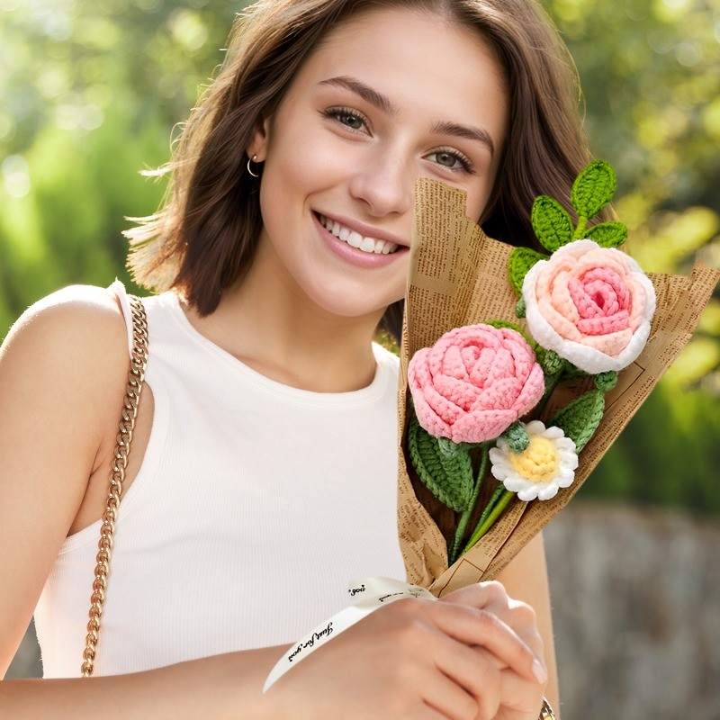 Knitting Crochet Artificial Flower Bouquet for Anniversary Housewarming Mom Gift