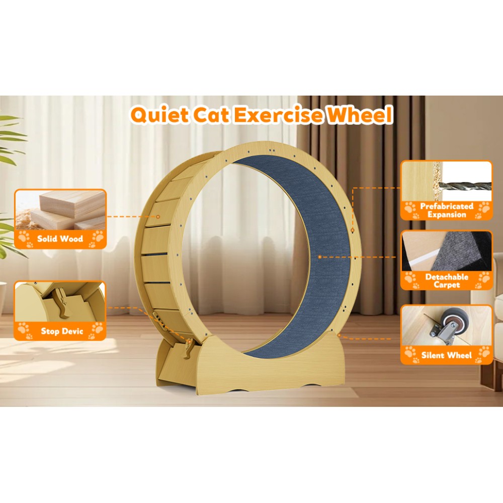42" Cat Exercise Wheel - Solid Wood Treadmill with Detachable Carpet for Cats