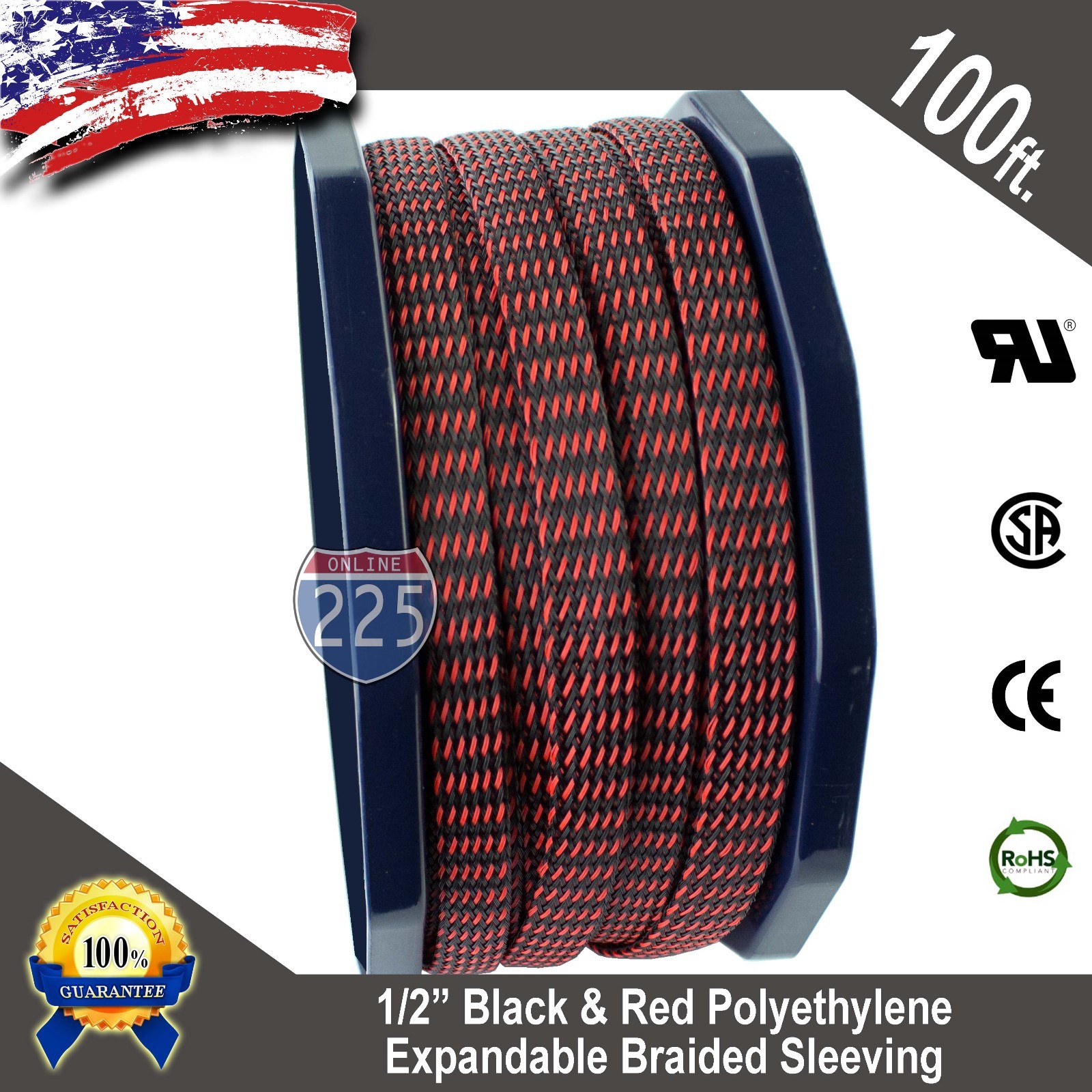 100 FT 1/2" Black Red Expandable Wire Sleeving Sheathing Braided Loom Tubing US